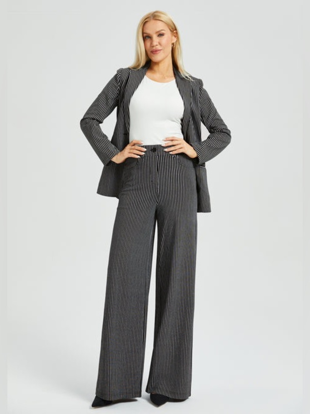 Betabrand Gray Pinstripe knit dress pants flared pull on medium long trousers